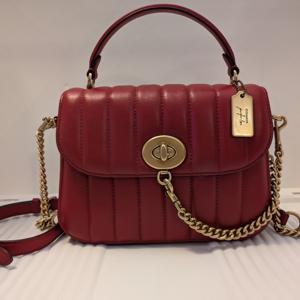 Coach x Jennifer Lopez Marley Top Handle Satchel Linear Quilting Dark Cardinal